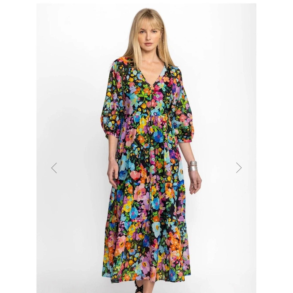 Johnny Was Womens M Wild Blooms Dolman Tiered Dress Multi Color Floral Cotton